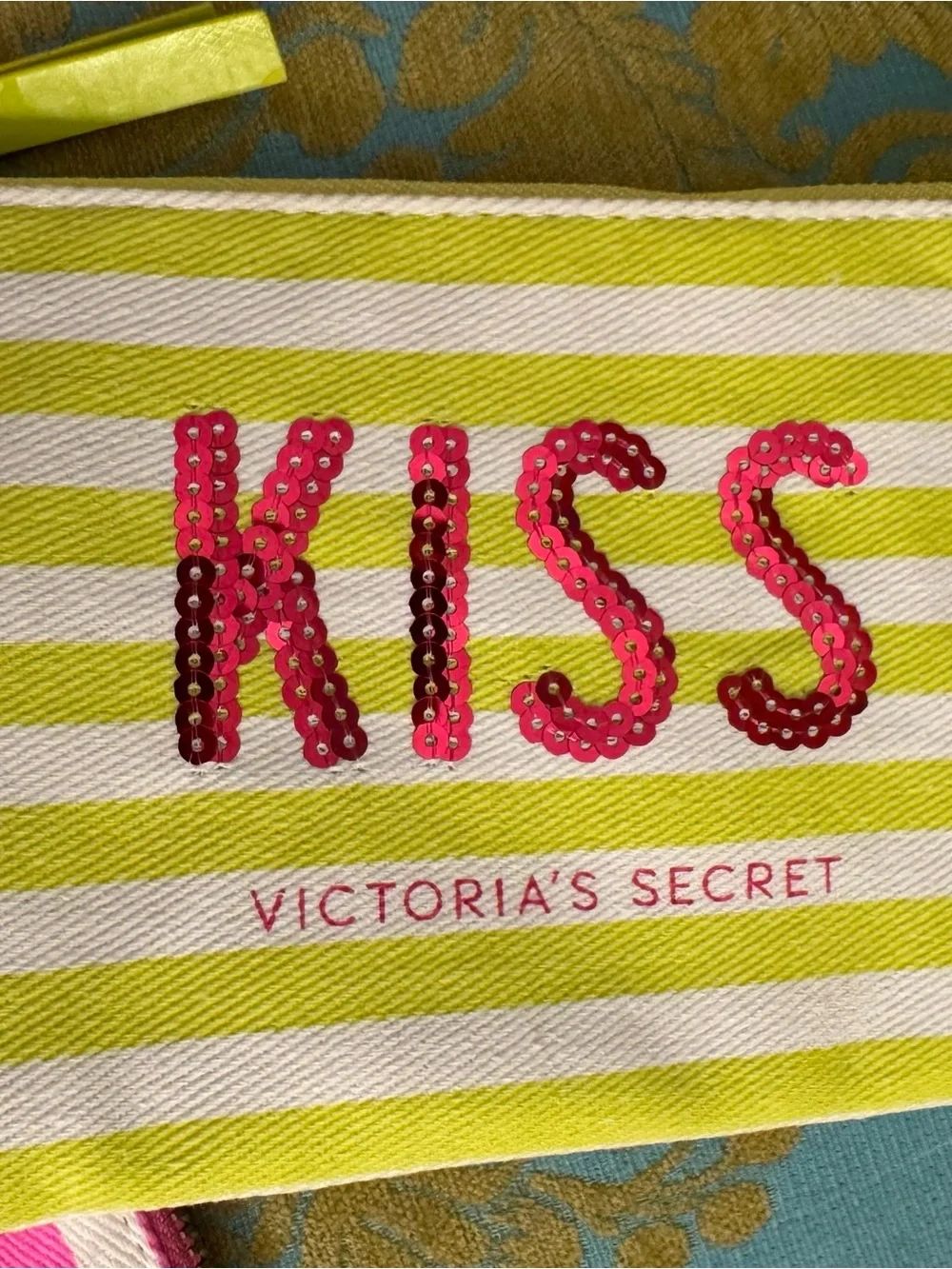 NWT Victoria's Secret Set Of 3 Striped Sequin Pouches - Blue, Pink, Lime Green